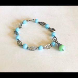 Vintage Filigree Blue Green Milk Glass Bracelet